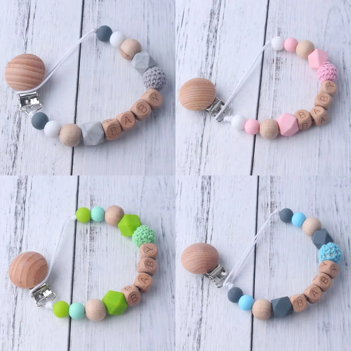 Baby Pacifier Clip with Wooden & Silicone Beads, Personalized Name Letter Soother Holder, Safe Teething Toy Accessory