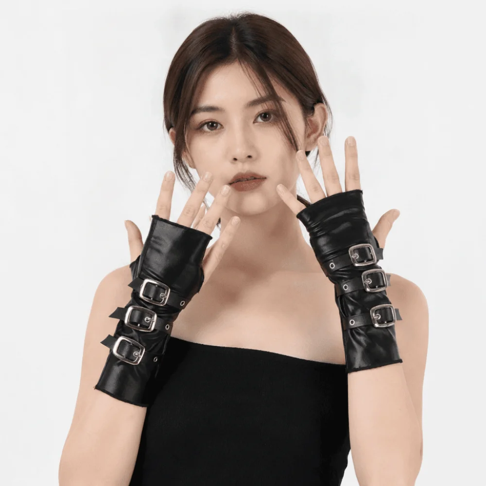Solid Color Punk Arm Sleeves Metal Buckle Lightweight Dark Gothic Arm Covers Lacquer Leather Fingerless Half-arm Sleeve Gloves