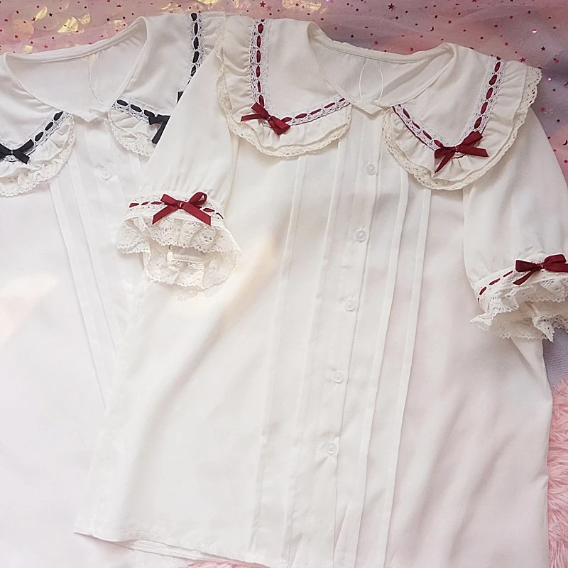 

Japanese Red Bow Lolita Peter Pan Collar Blouses Loose Short Sleeve Shirts Women 2025 Summer New Bottoming Blusas Mujer