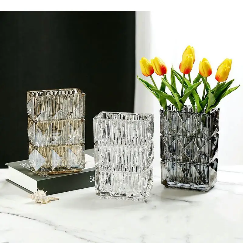 

Clear Crystal Glass Vase Hydroponic Flower Pots Desk Decoration Artificial Decorative Floral Arrangement Square Vases