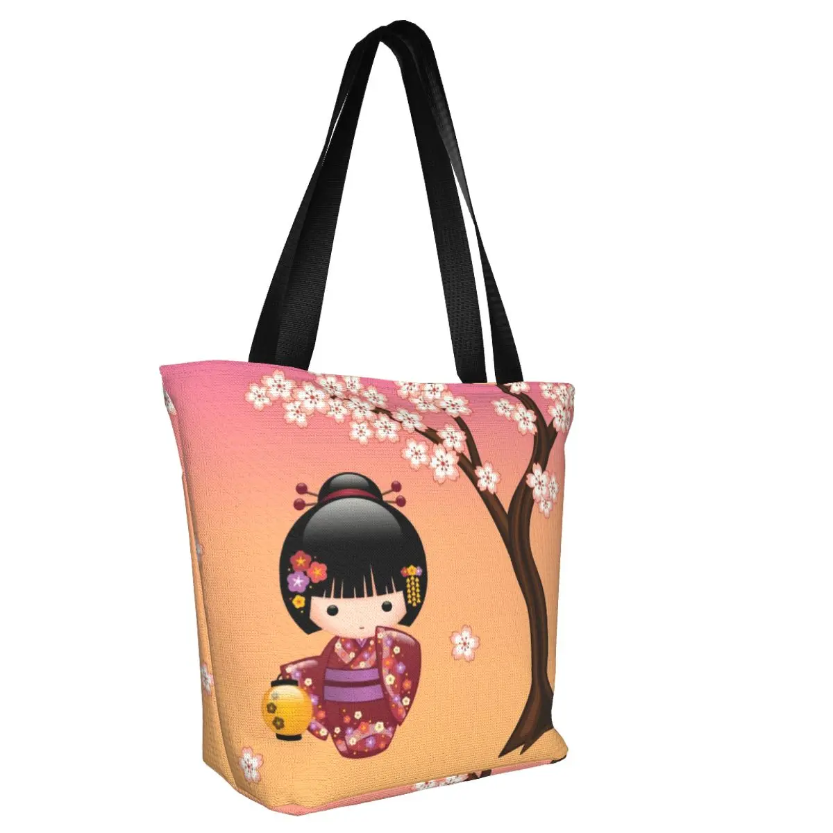 Custom Japanese Sakura Kokeshi Doll Shopping Canvas Bags Women Reusable Grocery Geisha Tote Shopper Bags