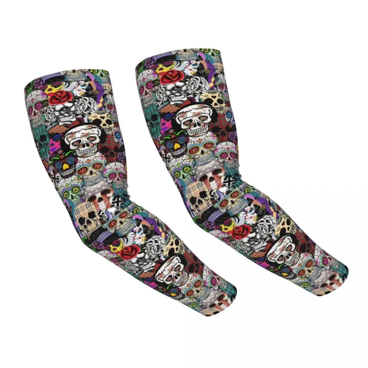 Mexican Day Of The Dead Skull Cooling Arm Sleeves for Women Men Halloween Fishing Cycling Driving Tattoo Cover Up