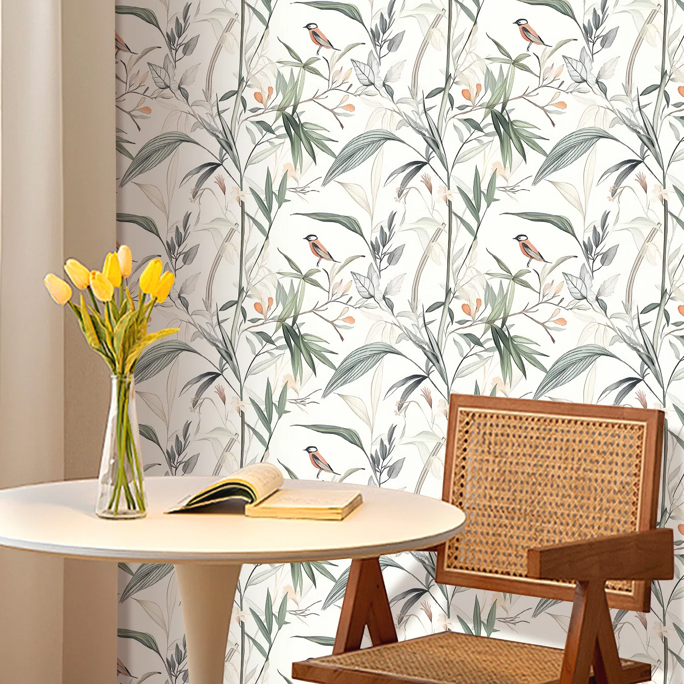 Floral Peel and Stick Wallpaper Green Leaves Birds Contact Paper DIY Self Adhesive Removable Wallpaper for Cabinet Vinyl Roll