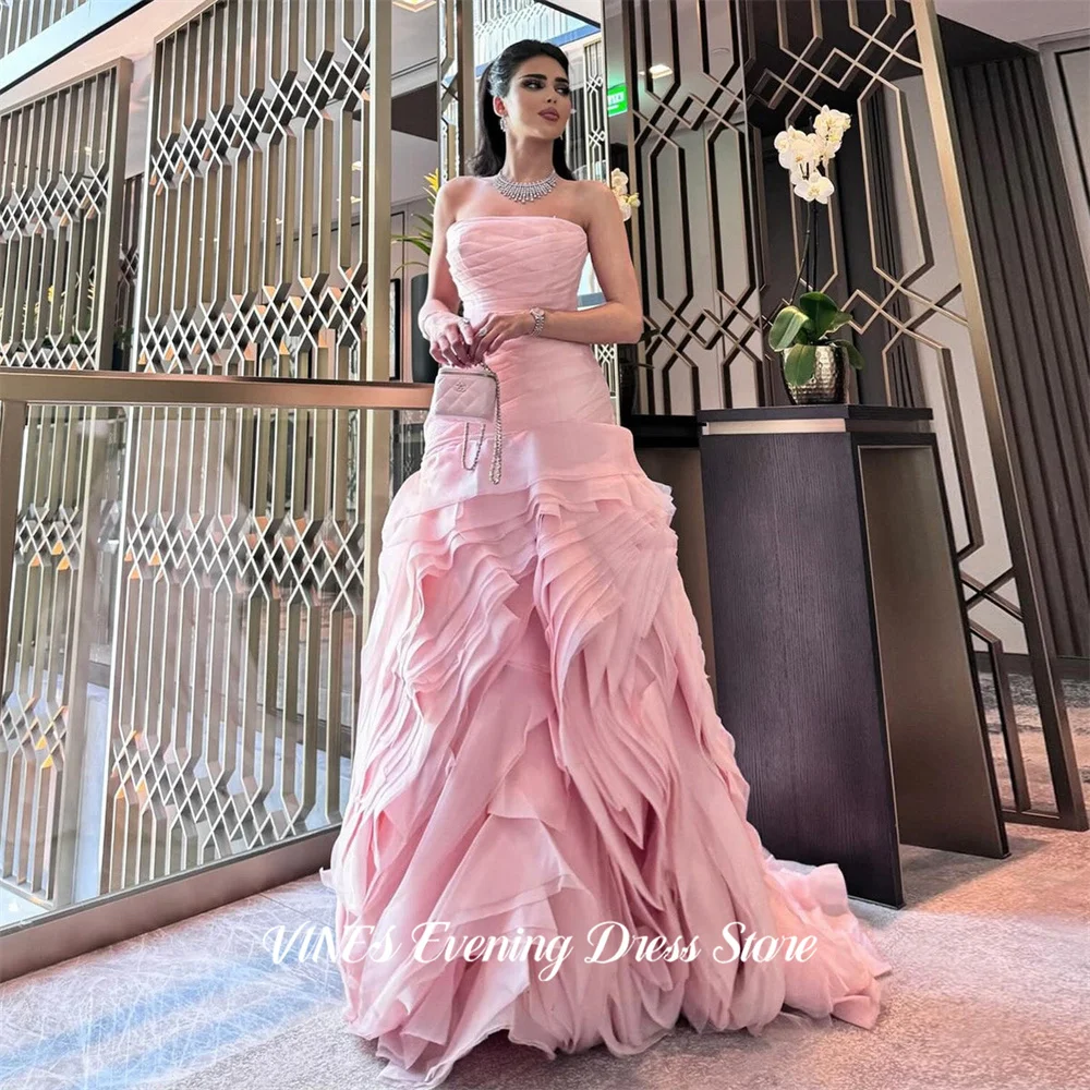 

VINES Pink Party Dress Sleeveless Draped Ruffle Evening Dresses A Line Party Gown with Train Prom Gown for Women Customized