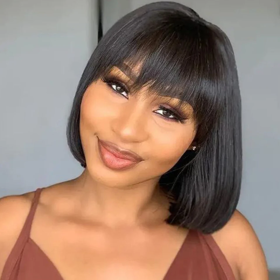 Brazilian Short Straight Hair Bob Wigs Human Hair Wig With Bangs Remy Full Machine Made Wig For Women Human Hair Bob Wigs