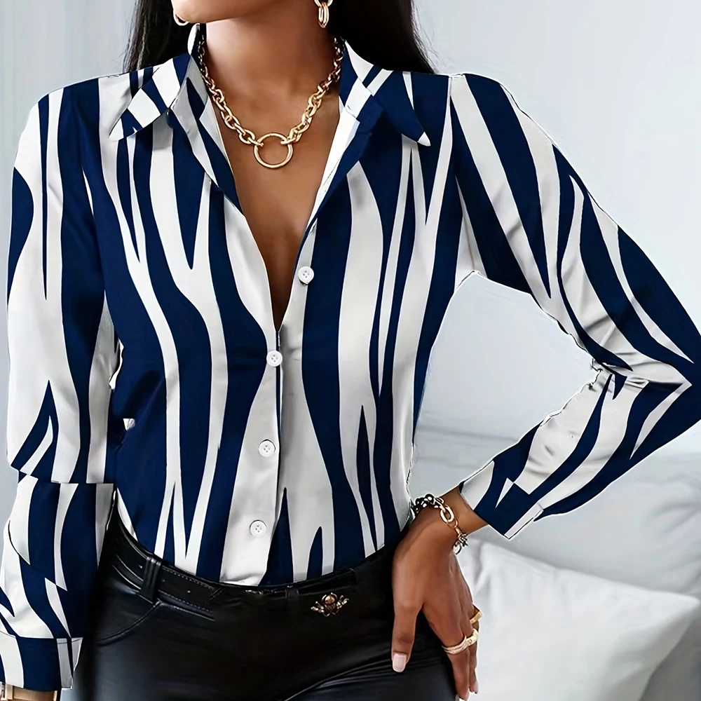 Women\'S Shirt Fashion Striped Print Long Sleeve Shirt Women\'S Large Size Lapel Button Down Shirt Casual Elegant Evening Dress