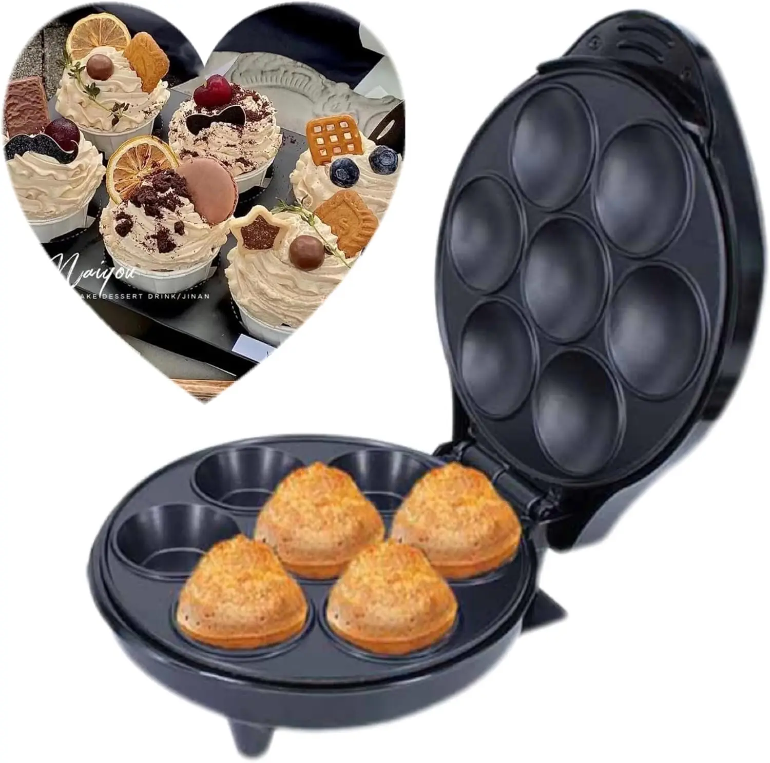 

Mini Cupcake Maker, Makes 7 Mini Cakes, Non-Stick Surface, Easy-To-Clean, Perfect for Dessert, Breakfast, or Snacks, 1200W, Blac