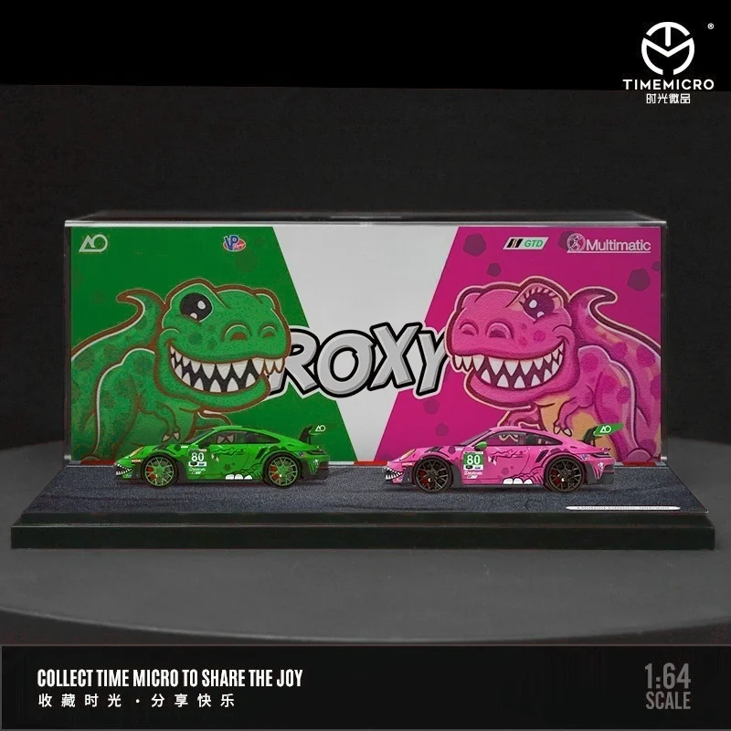 TimeMicro&StarRace 1:64 992 GT3 R Tyrannosaurus Roze/Groen Legering model *Met acryl stofkap-Op voorraad