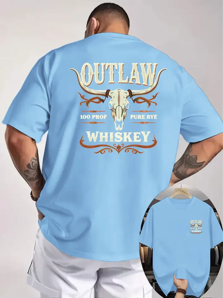 Western Outlaw Whiskey Bull Skull Graphic Tee