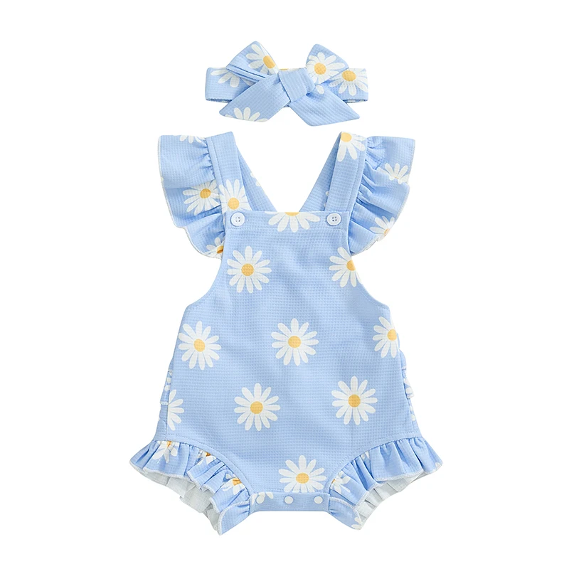 

Baby Girls Rompers Floral Print Ruffles Fly Sleeve Waffle Bodysuits Summer Clothes with Headband