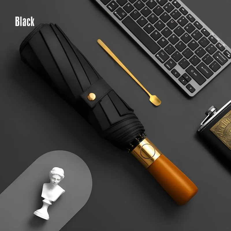 12 Bone High-end Solid Color Wooden Handle Fully Automatic Umbrella Rainproof Windproof tri-fold Business Advertising Umbrella
