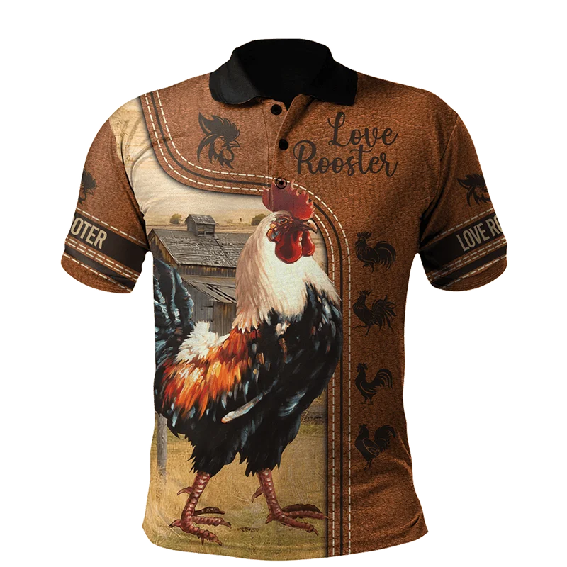 Rooster Graphic 3D Printed Summer Men\'s Button Down Collar Polo Shirts Casual Short Sleeve Oversized Tops Fashion Men Clothing