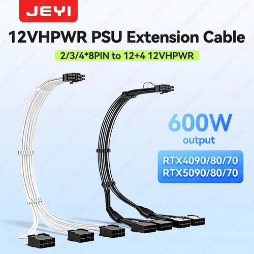 Adaptador JEYI de 12VHPWR a 2/3/4x8 pines, Cable de alimentación GPU de 12 + 4 pines para tarjetas gráficas RTX 4090/4080/4070 y 5090/5080/5070