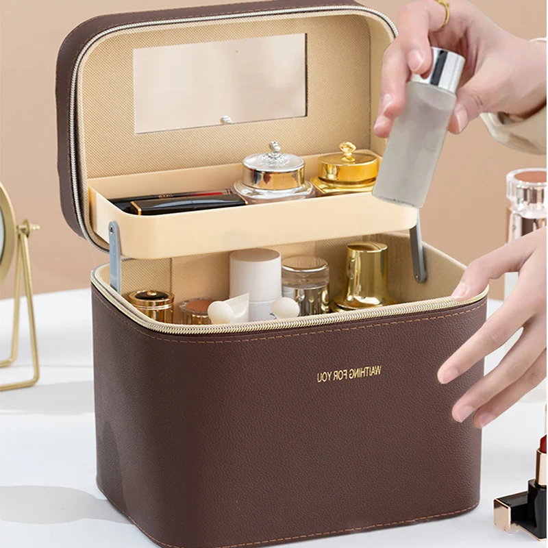 

Модная двухслойная косметичка большой емкости из искусственной кожи, портативная портативная дорожная косметичка, женский водонепроницаемый дорожный чемодан