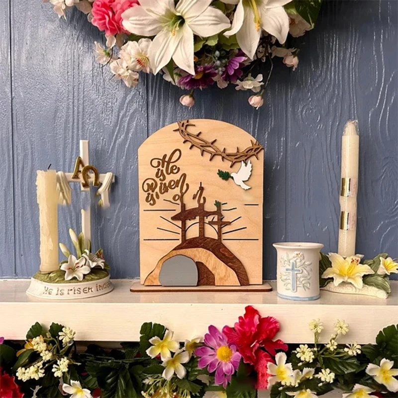 He Is Risen Decor Wooden Easter Resurrection Scene Empty Tomb Christian Table Decorations Indoor Catholic Cross Jesus