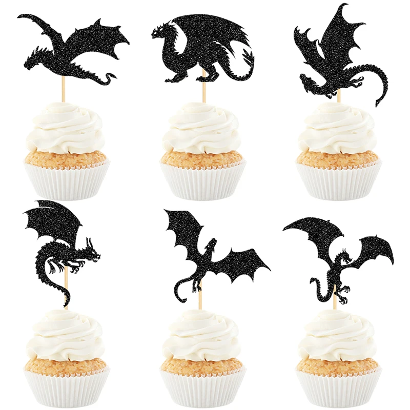YOMDID 24 Stück Glitzer-Flugdrachen-Kuchenaufsätze, Drachen-Dinosaurier-Cupcake-Topper für Babyparty-Geburtstagstorten-Dekorationen – Detail 6