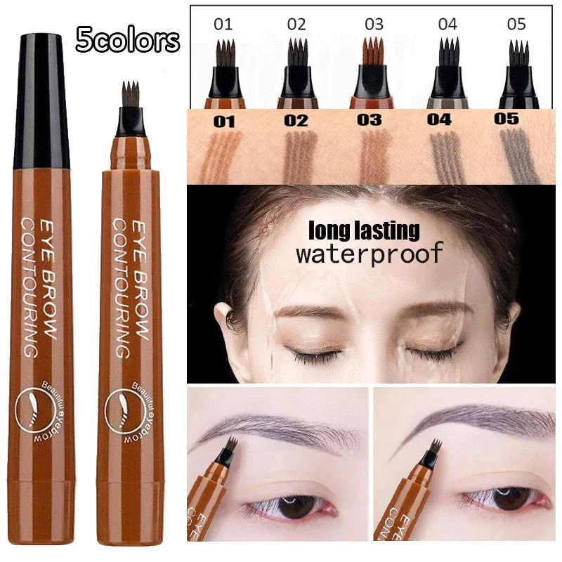 5 Colors Eyebrow Pen Waterproof 4 Fork Tip Eyebrow Tattoo Pencil Cosmetic Long Lasting Natural Dark Brown Liquid Eye Brow Pencil