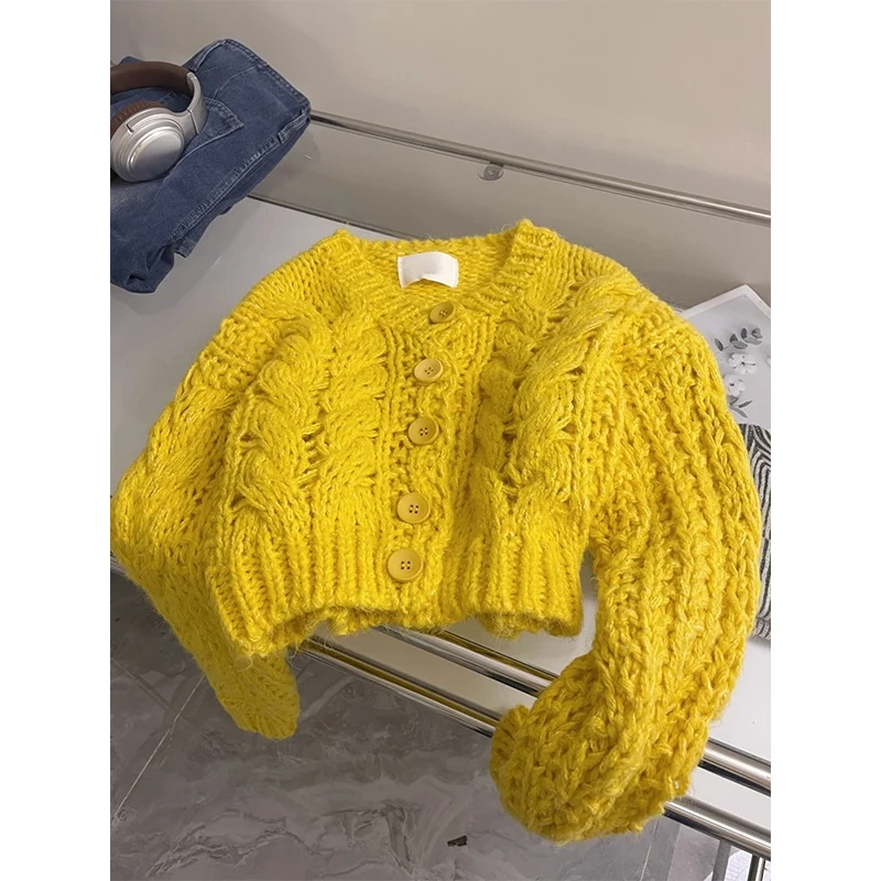 

Retro Yellow Long Sve Sweater Jaet Women's Autumn Sle Soft Cozy Single Button Knitted irt Commute Loose Fit Pure Color