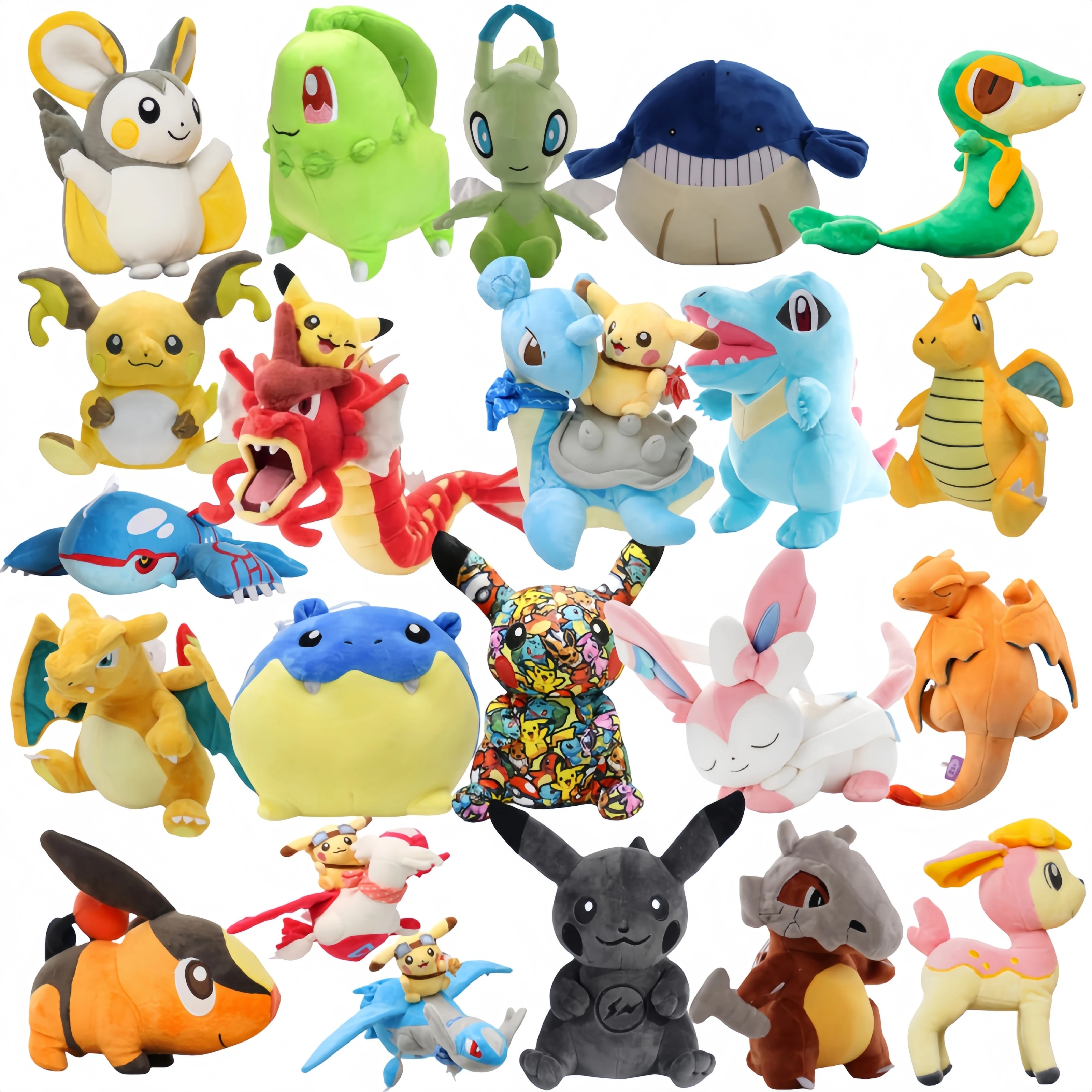 Pokemon Pikachu auf Gyarados Lapras Latios Latias Reittier Plüschtiere Victini Tepig Deerling Nivy Emolga Gengar Stoffpuppe