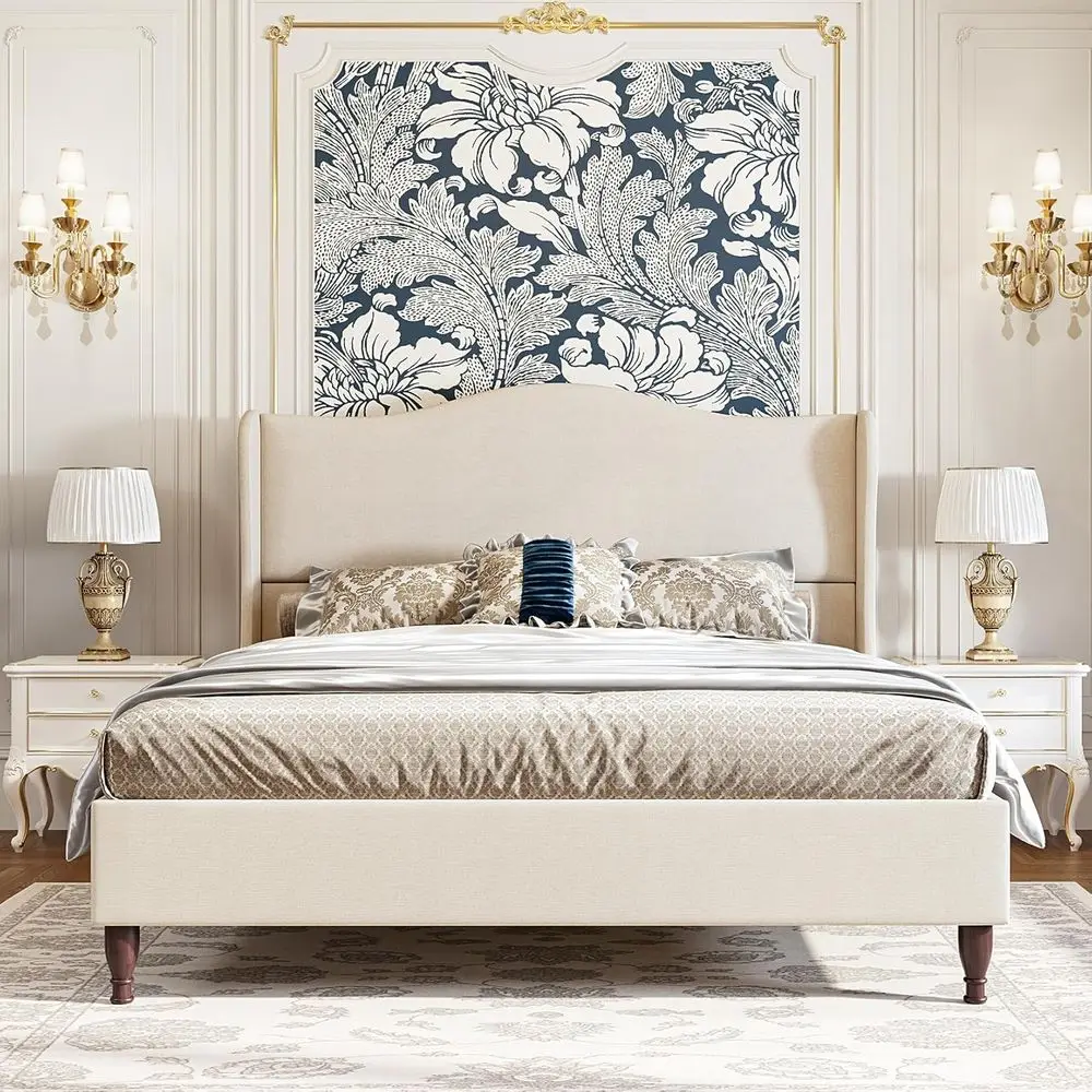 Retro-Style King-Size Upholstered Platform Bed with 51 Wingback, No Box Spring, Beige