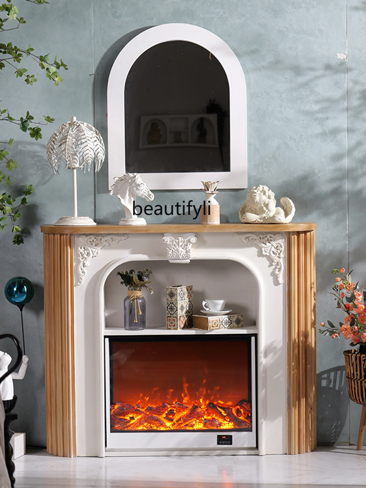 

Vintage Engraving Fireplace Mantel Electronic Simulation Flame Fireplace Entrance Storage Stand Handmade Embossed Curio Cabinet