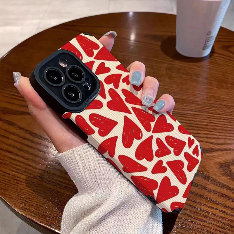 Fashion Red Love Heart Silicone Case For iPhone 11 12 13 14 15 Pro Max Mini X XS XR 8 7 16 Plus Soft Leather Shockproof Cover