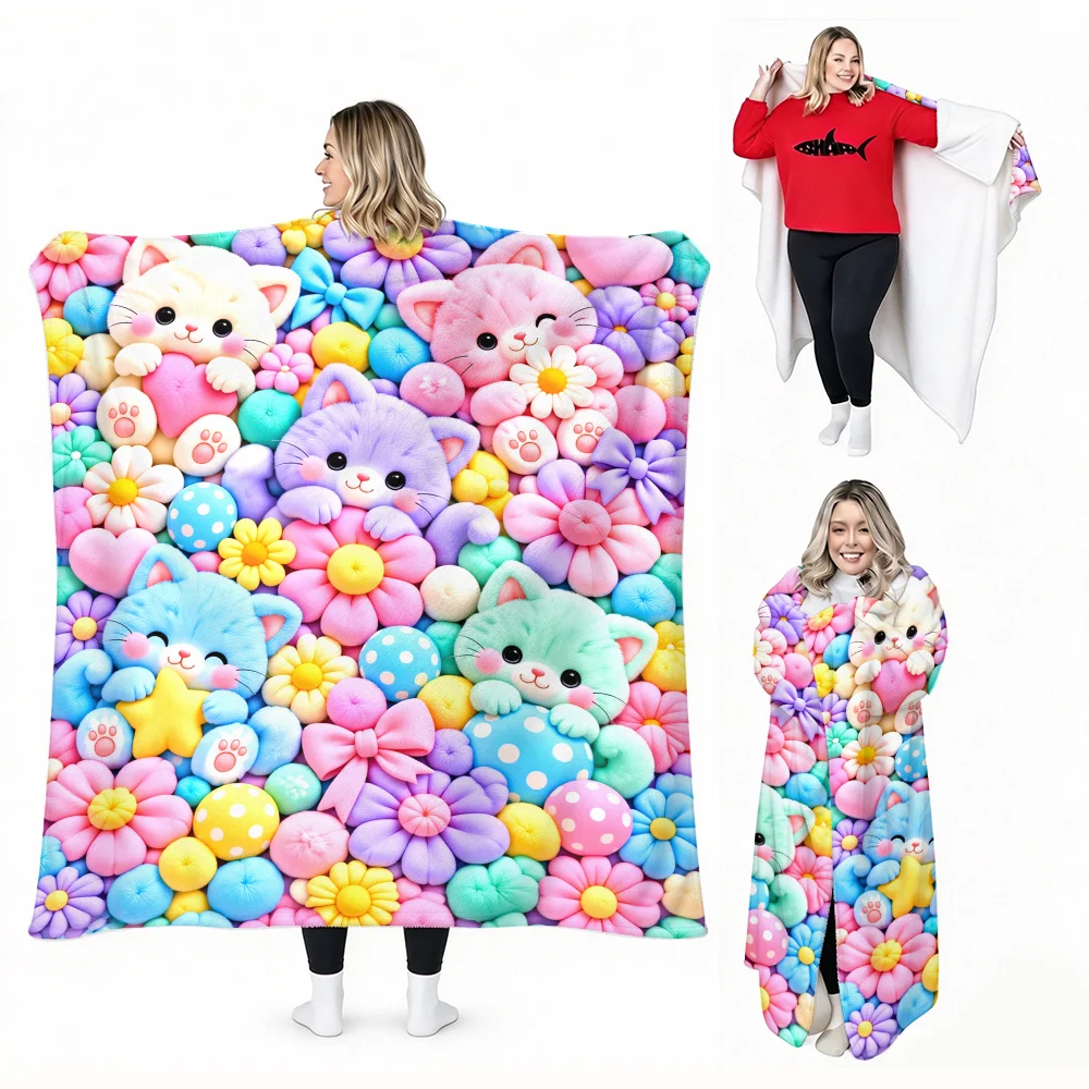 1pc Cartoon Cat and Flower Print Wearable Blanket-Soft, comfortable and colourful. Perfect for cozy breaks, gifts, and everyday