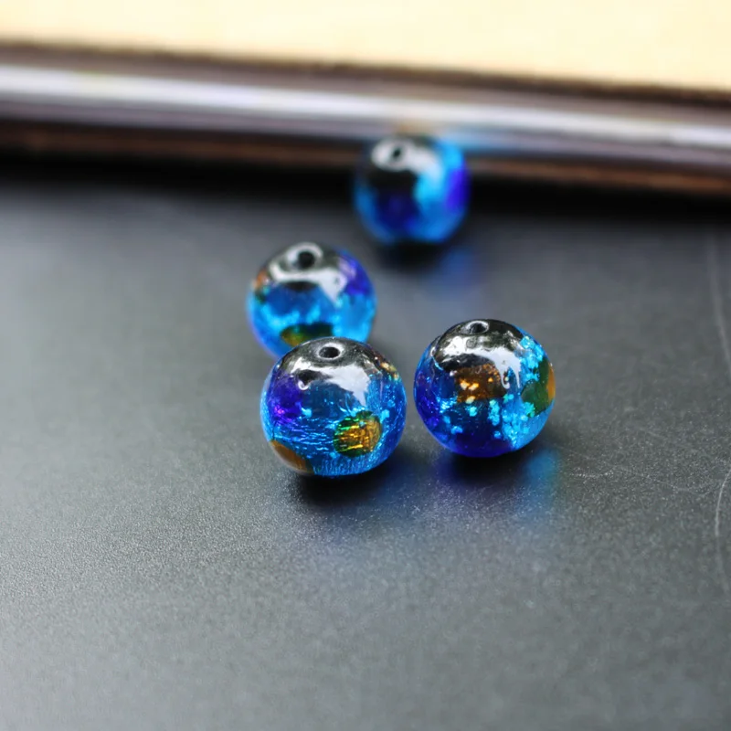 10 12mm Lampwork Glass Beads  Ocean Blue foil with blue orange dots  Round Beads for jewelry Making Accessories Japanese Style