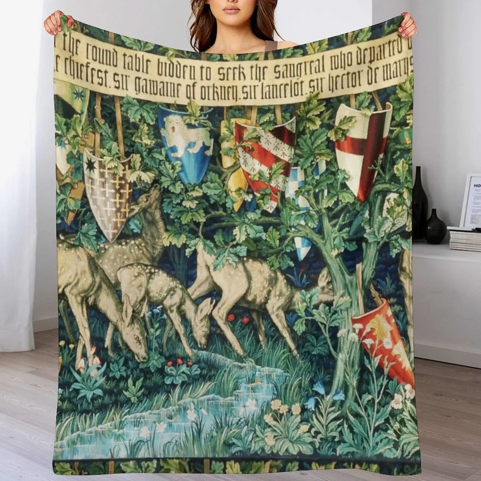

Holy Grail Tapestry,Verdure with Deers,and Shields in Green Floral Throw Blanket Travel Cute Plaid Luxury Throw Heavy Blankets