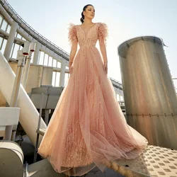 Tulle Sequins V-neck A-line Prom Dresses Illusion Long Sleeve Ruffles Pleats Party Dress Sparkly Backless Long Evening Gowns