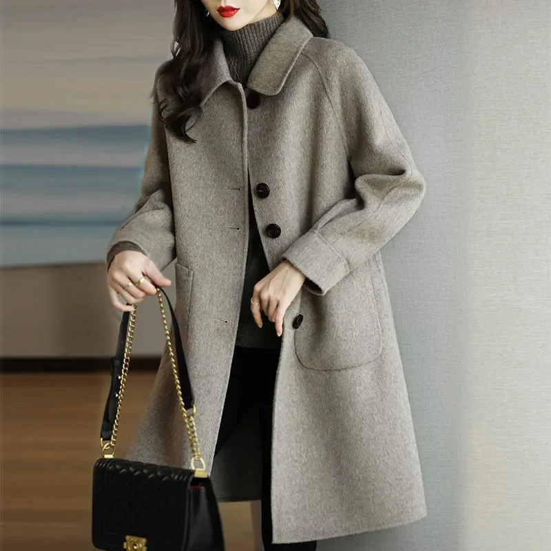 Women's Thickened Woolen Coat  Autumn Winter New Style Small Size Korean Version Slimming Medium Length Polyester Fiber