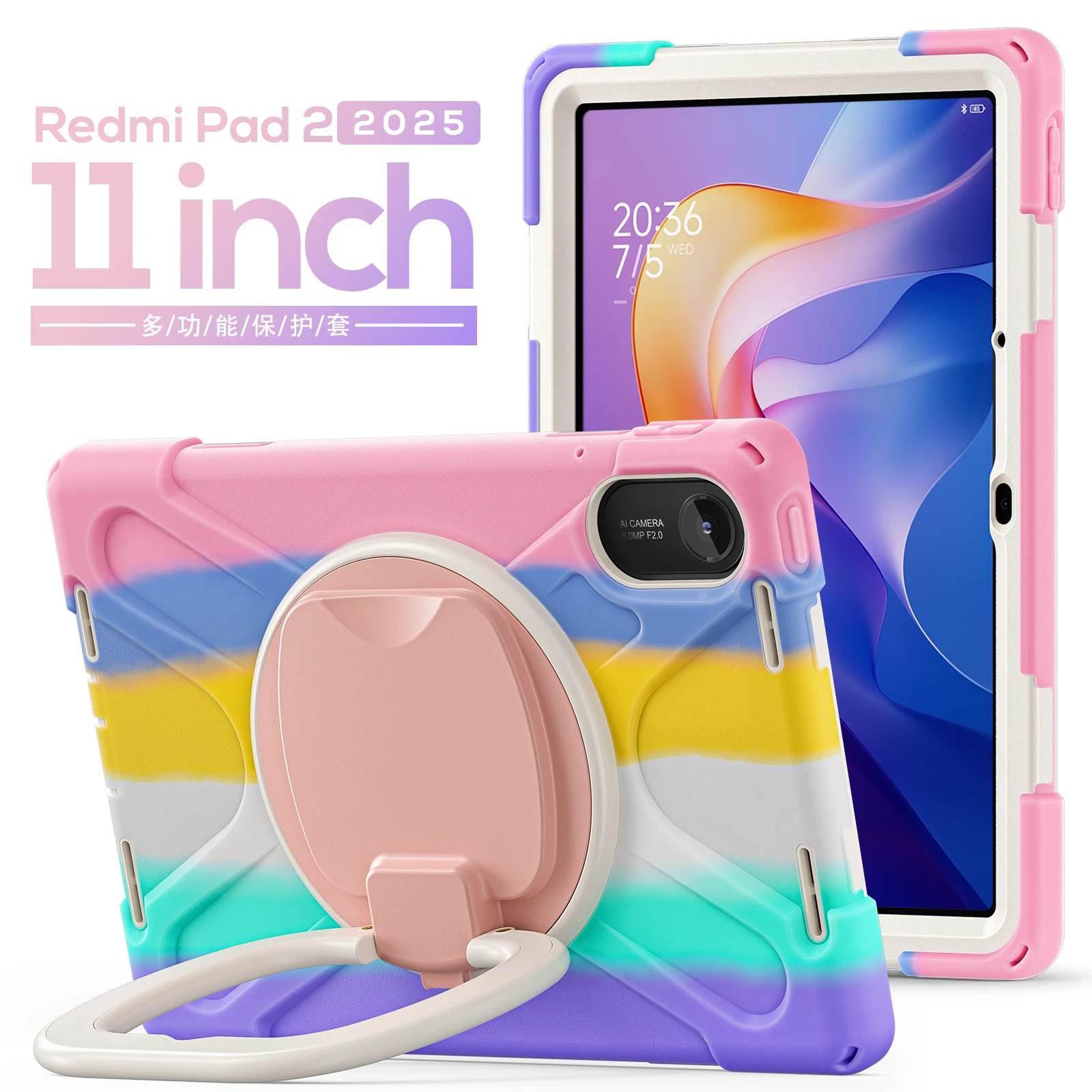 

360 degree rotate stand Case for Xiaomi Redmi Pad 2 11" 2025 Tablet Safe Shockproof Silicone-PC Stand Cover+Shoulder Straps