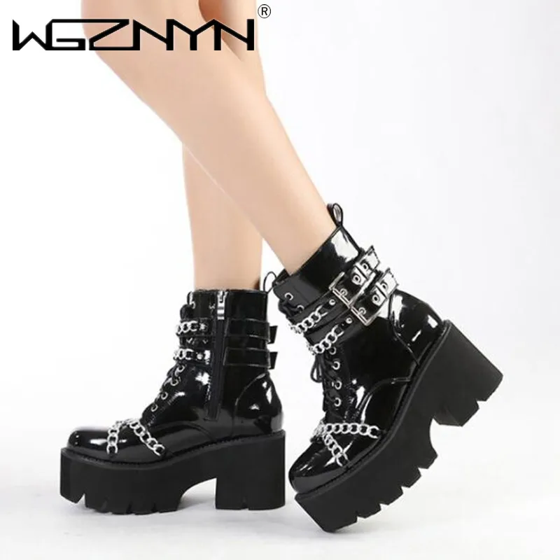 Fashion Women Shoes Boots Black Dark Cool Thick Bottom Platform Harajuku Shoes With Metal Chain Gothic Punk Girls Shoes Footwear