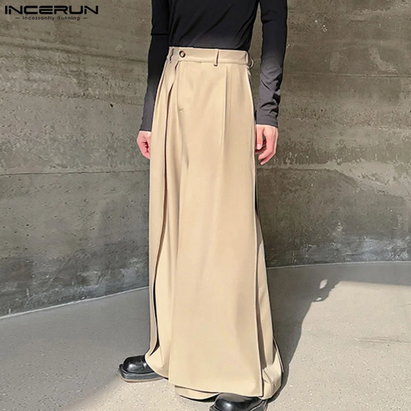 2024 Men\'s Wide Leg Pants Solid Color Button Joggers Loose Irregular Trousers Men Streetwear Fashion Casual Long Pants INCERUN