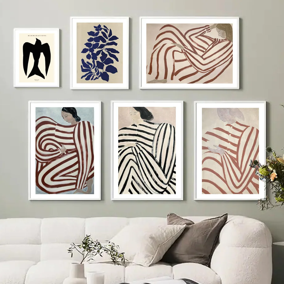 

Sofia Lind Striped Pajamas Woman Geometry Leaf Nordic Poster Wall Art Print Canvas Painting Retro Pictures For Living Room Decor