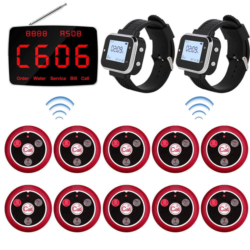 High Quality 10 Table Call Buttons 1 Display Monitor 2 Watch Receiver Pagers for Restaurant , Wireless Waiter Calling System