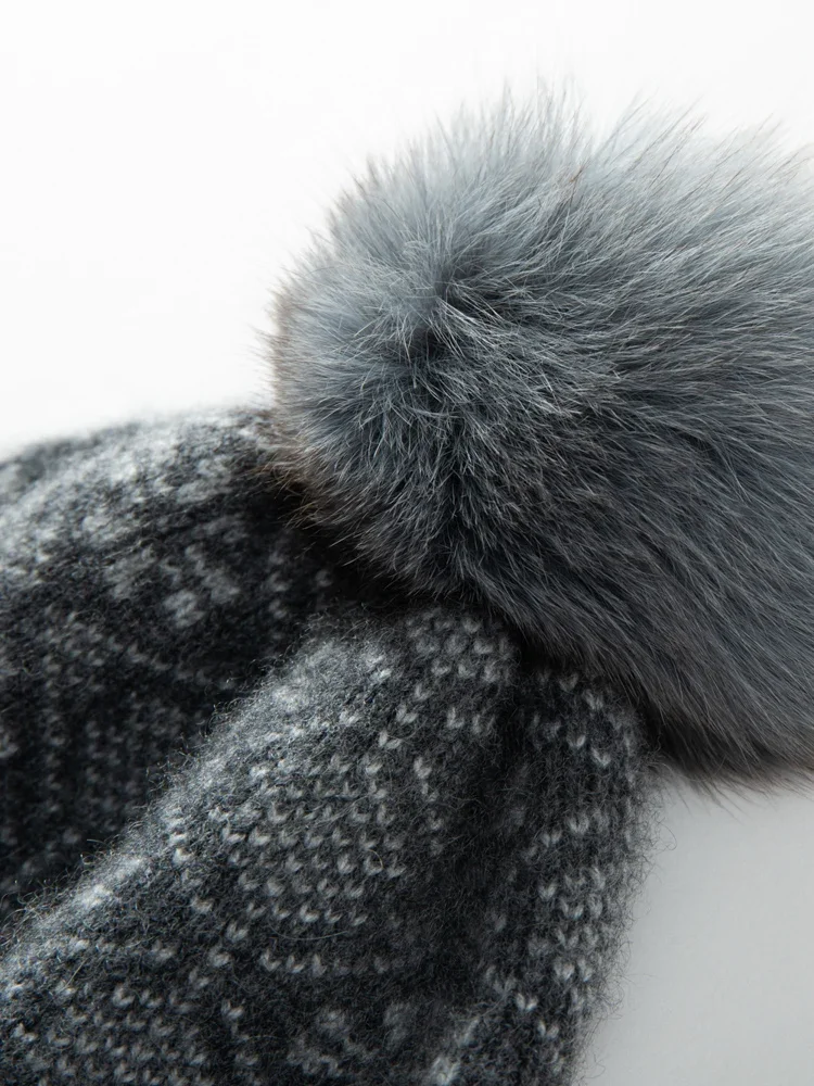 Cashmere Vintage Jacquard Knit Thick Beanies Rabbit Pom-pom Ribbed Hem Soft Cap Hat Autumn Winter Warm Wool Christmas Present