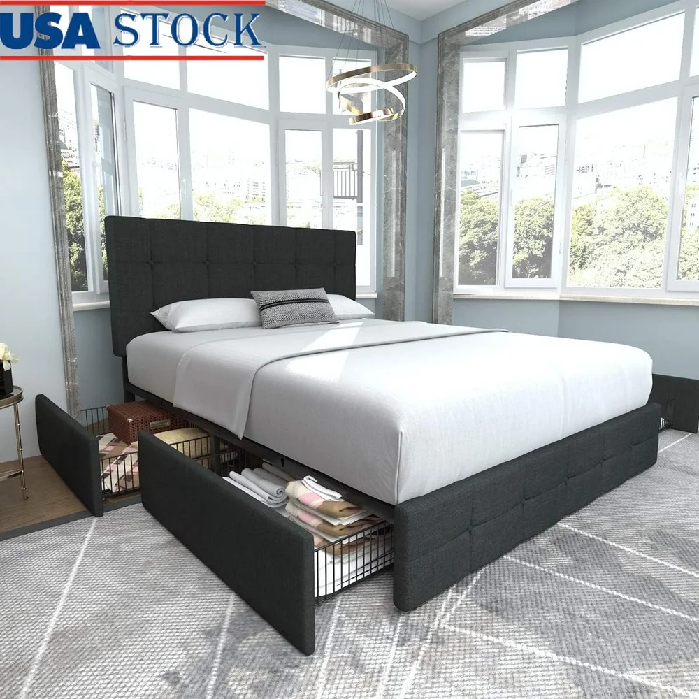 

Upholstered Full Platform Bed Frame with Adjustable Headboard 4 Storage Drawers Mattress Foundation Easy Assembly No Box Spring