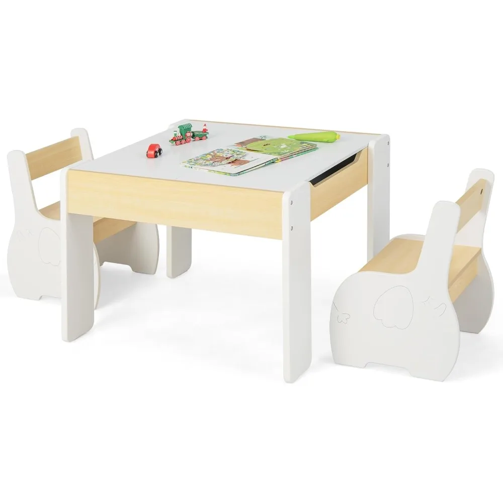 3 in 1 Kids Table and Chair Set, Wood Multi Activity Table with Removable Tabletop Storage, Detachable Blackboard