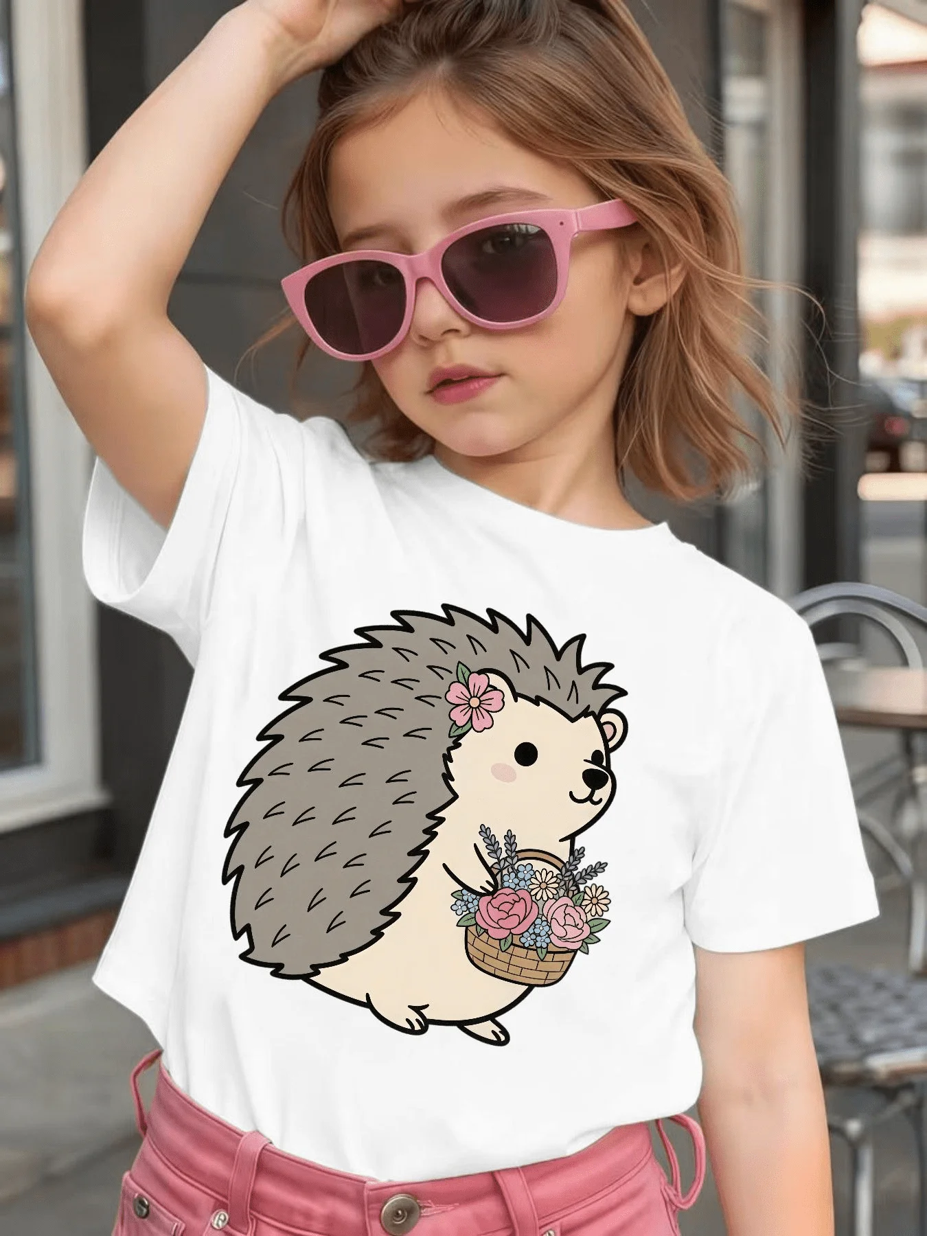 Cute Flower Basket Hedgehog Graphic Kids Tee Boys Girls Family Matching Cotton Crew Neck Short Sleeve Soft Casual Summer Tee