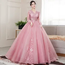 Bean Paste Pink Long Sleeves Quinceanera Dresses 15 Party Fashion V-Neck Floral Applique Princess Birthday Party Gowns Vestidos