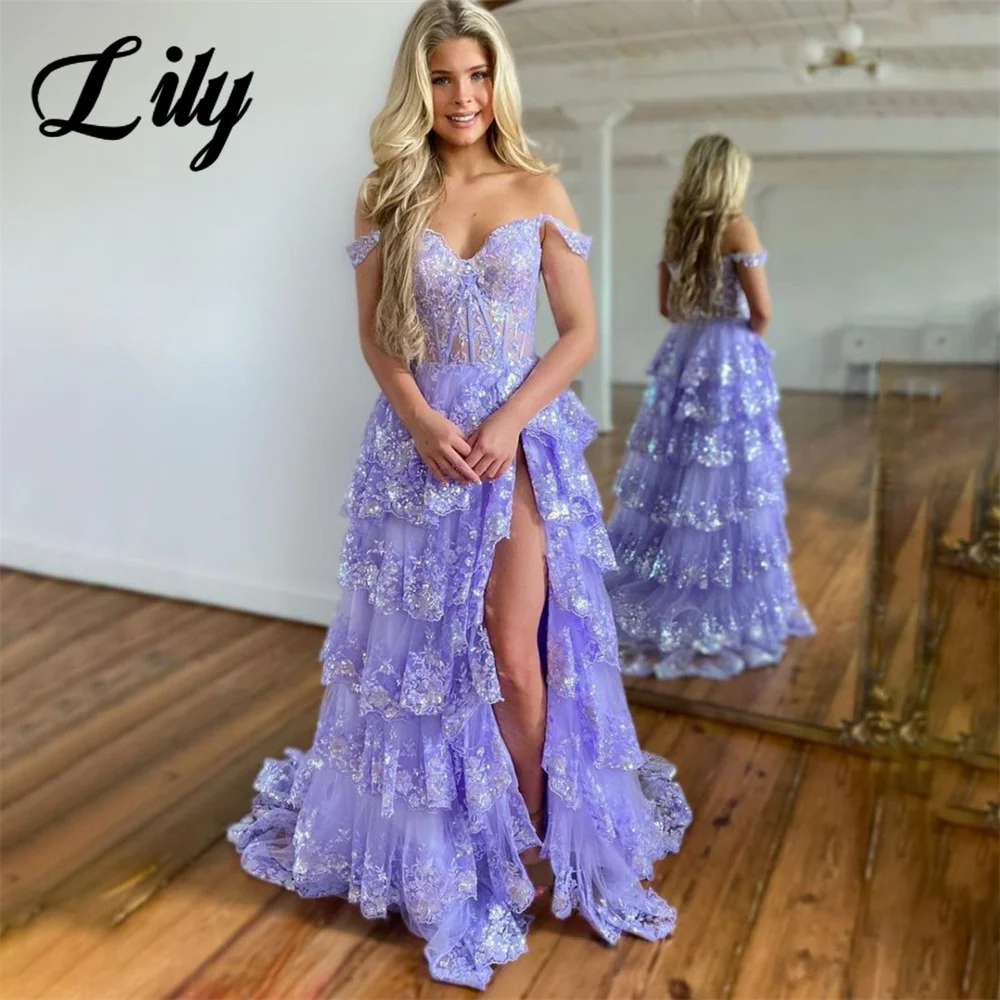 

Lily Purple A Line Formal Dresses Tiered Sweetheart Party Dress Split Pleat Off The Shoulder Special Occasion Dress robe soirée