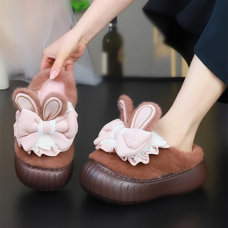

New kawaii rabbit ear slippers women winter thick sole furry mules home slipper woman indoor backless house shoe platform sliper