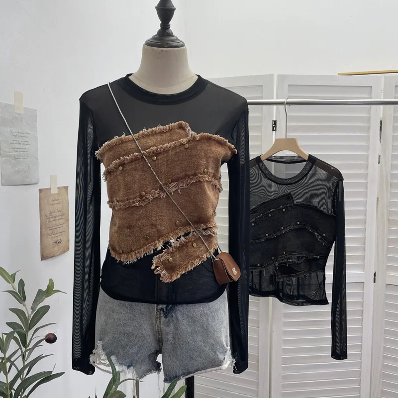 Y2K Irregular Raw Edge Denim Mesh Patchwork Long Sleeve Slim Fit Crop Top Women Streetwear Fashion Tee Shirt Blouse8978