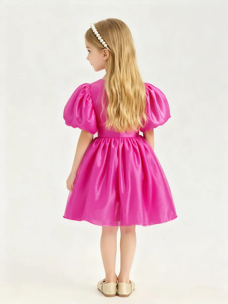 HETISO Dress for Girls Solid Puff Sleeve Elegant Birthday Party Gowns Kids Princess Casual Wear Holiday Wear Gift 1-5 Years