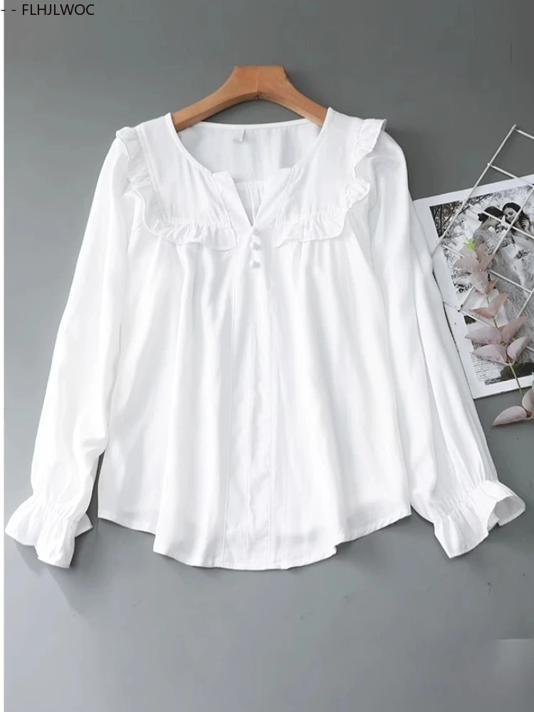 Cute Sweet Tops Short New Design 2025 Woman Preppy Style Japan Girls Flare Sleeve Ruffles Trim Edge Casual White Shirts Blouse