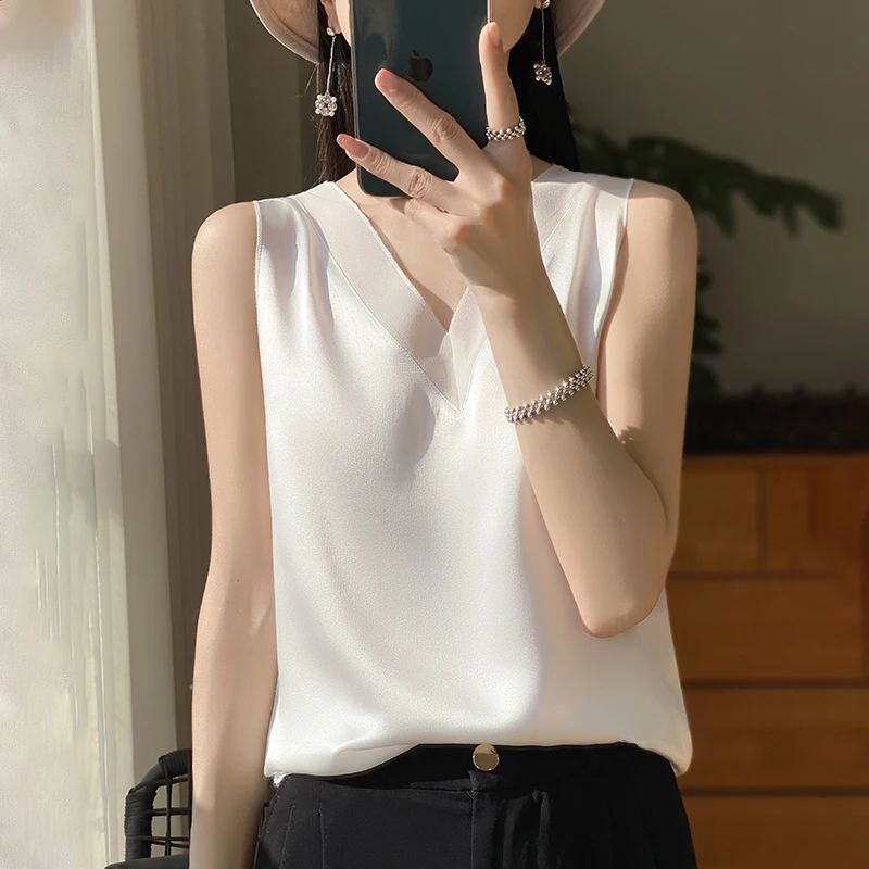 2024 Faux Silk Thin Short Sleeve Tees All-Match Basic T-Shirt Slip Woman Summer Clothes Elegant Tops Solid Loose Casual Fashion