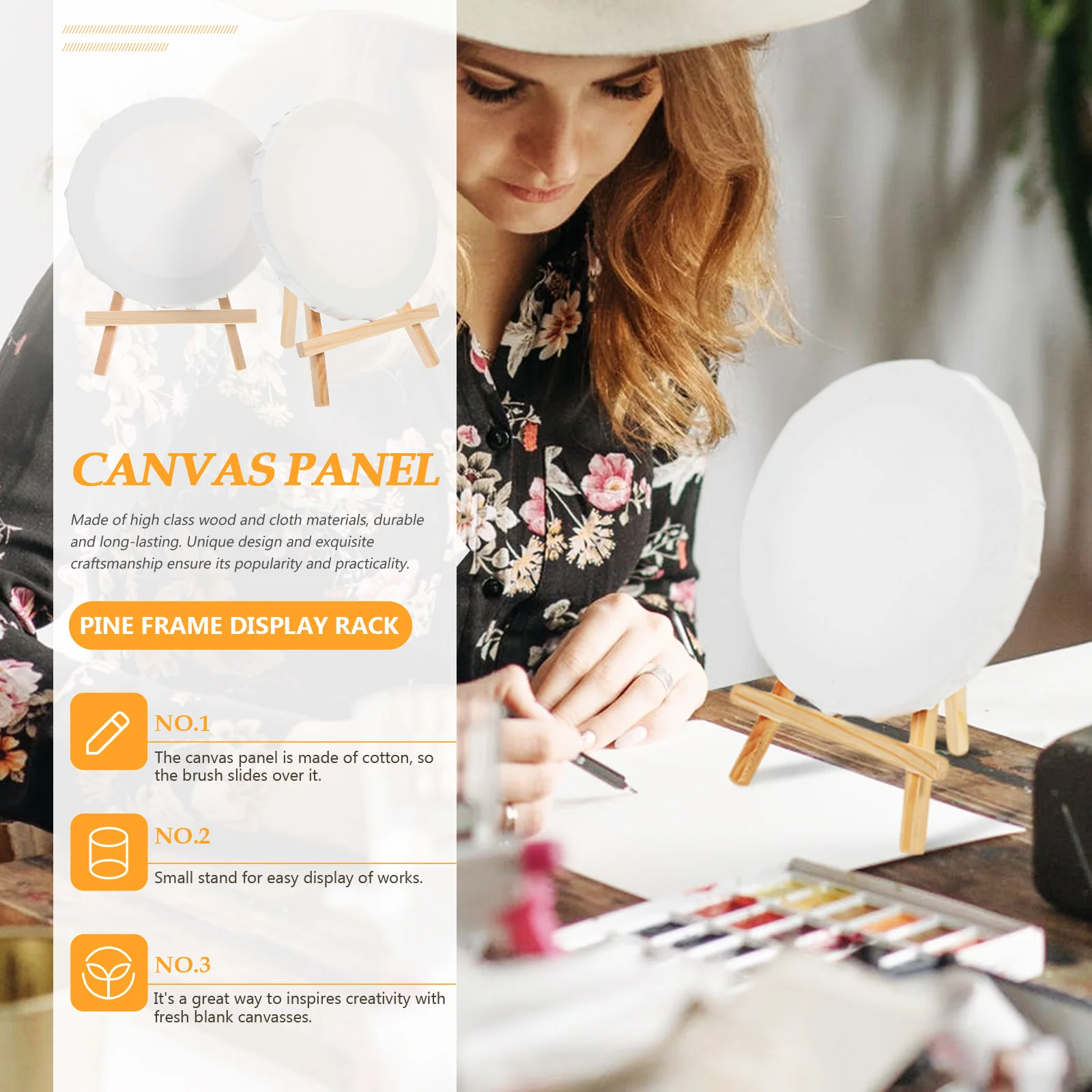 

5Sets Mini Canvas and Easel Round Wooden Drawing Cloth for Oil Painting DIY Art Display Stand Supplies Mini Canvas Easel