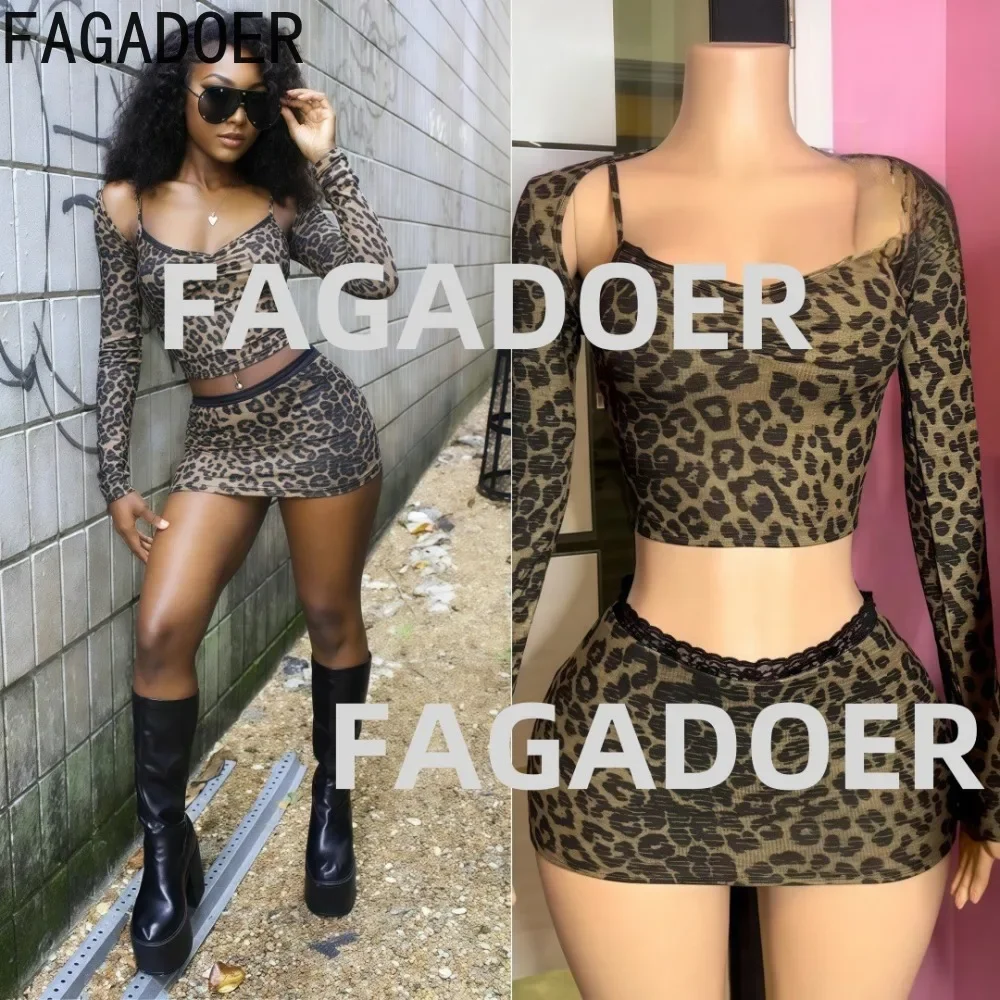 

FAGADOER Sexy Leopard Print 4 Piece Sets Women Outfit Long Sleeve Crop Top + Spaghetti Strap Vest + Skirt Suit Female Streetwear