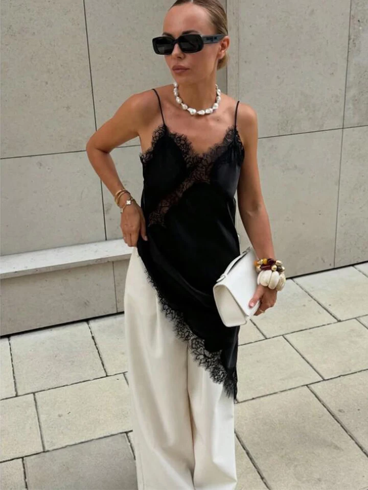 Vestido corto de encaje satinado sexy con abertura, sin mangas, espalda descubierta, asimétrico, para mujer, vestido de fiesta 2026 verano 3